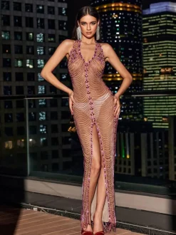 Miracle Open Back Crystal Chain Split Maxi Dress
