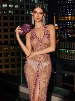 Miracle Open Back Crystal Chain Split Maxi Dress