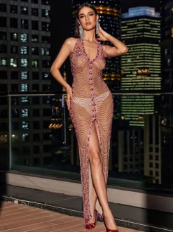 Miracle Open Back Crystal Chain Split Maxi Dress