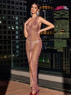 Miracle Open Back Crystal Chain Split Maxi Dress