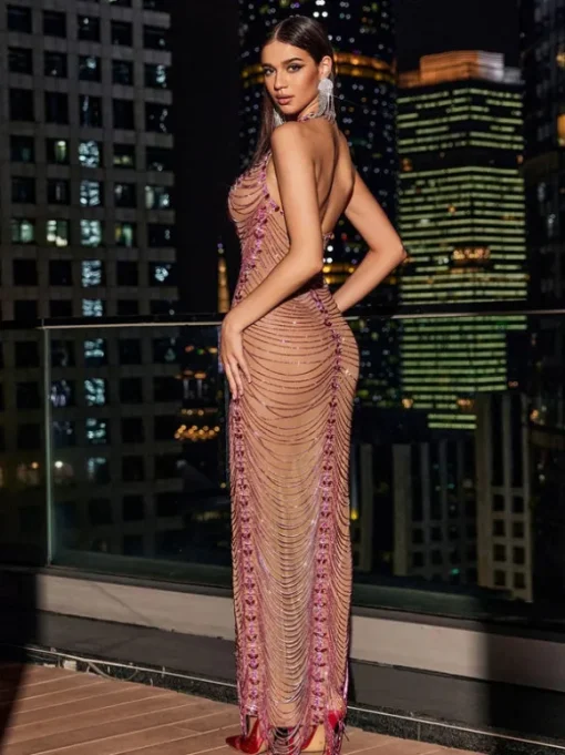 Miracle Open Back Crystal Chain Split Maxi Dress