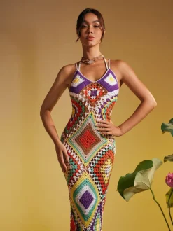 Monroe Spaghetti Printed Hollow Knitted Dress