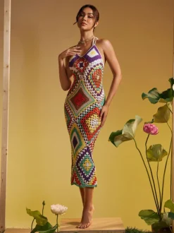 Monroe Spaghetti Printed Hollow Knitted Dress