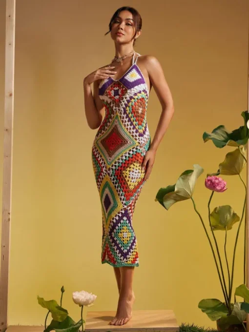 Monroe Spaghetti Printed Hollow Knitted Dress