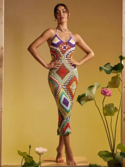 Monroe Spaghetti Printed Hollow Knitted Dress