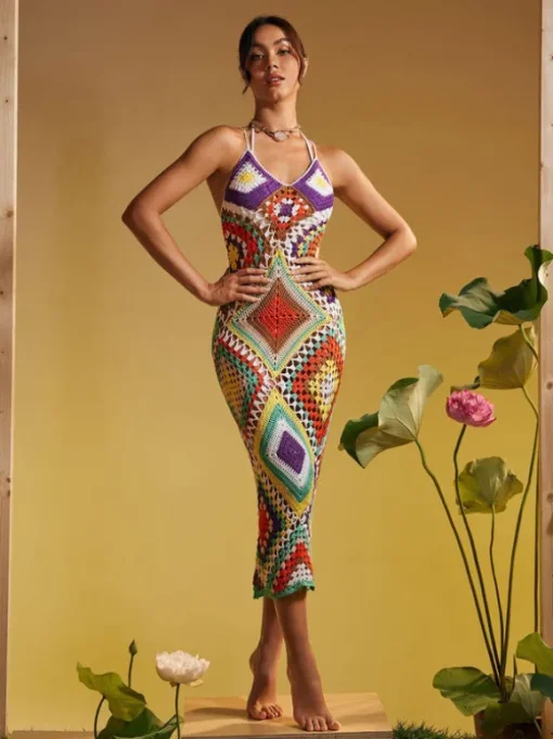 Monroe Spaghetti Printed Hollow Knitted Dress