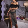 Myriam Feather Diamond Mesh Midi Dress