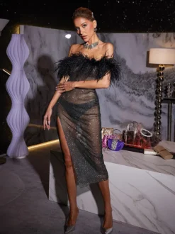 Myriam Feather Diamond Mesh Midi Dress