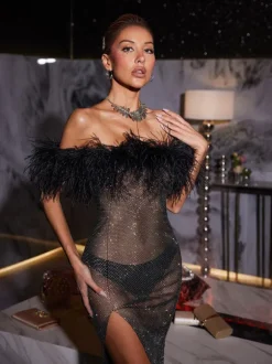Myriam Feather Diamond Mesh Midi Dress
