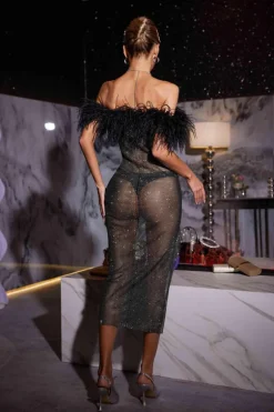 Myriam Feather Diamond Mesh Midi Dress