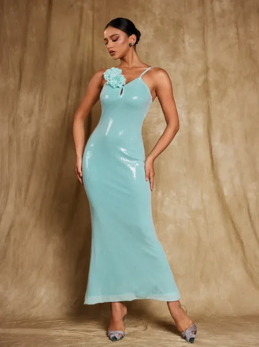 Nadiya Spaghetti Flower Sequin Maxi Dress