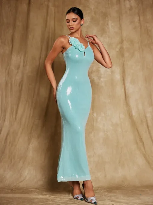 Nadiya Spaghetti Flower Sequin Maxi Dress