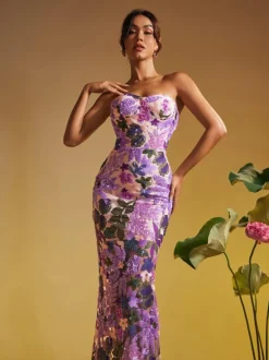 Nakoa Strapless Sequin Embroidered Maxi Dress