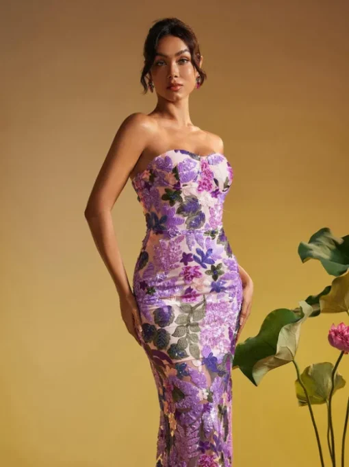 Nakoa Strapless Sequin Embroidered Maxi Dress