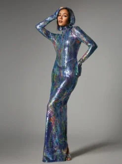 Nebraska Ombre Long Sleeve Hooded Maxi Dress In Blue