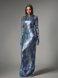 Nebraska Ombre Long Sleeve Hooded Maxi Dress In Blue