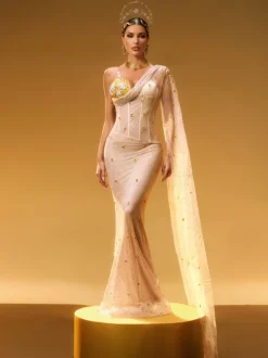 Nebulae One Shoulder Rhinestone Maxi Dress