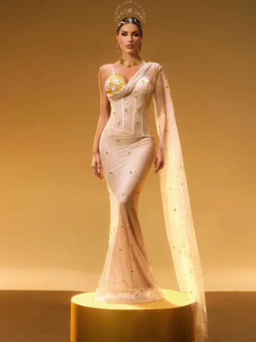 Nebulae One Shoulder Rhinestone Maxi Dress