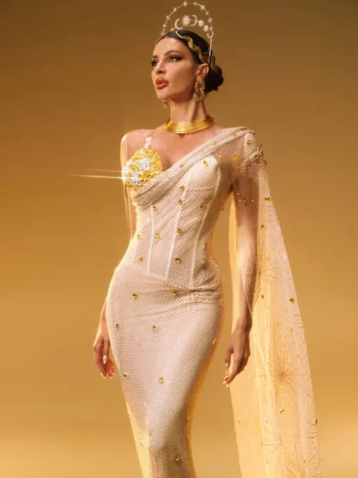 Nebulae One Shoulder Rhinestone Maxi Dress