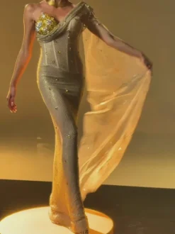 Nebulae One Shoulder Rhinestone Maxi Dress