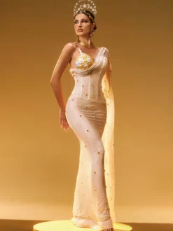 Nebulae One Shoulder Rhinestone Maxi Dress