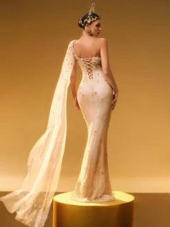 Nebulae One Shoulder Rhinestone Maxi Dress