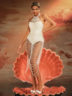 Nicola Halterneck Pearl Fringe Maxi Dress