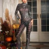 Octavia Cobweb Print Embellished Jumpsuit In Chocolate