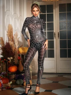 Octavia Cobweb Print Embellished Jumpsuit In Chocolate