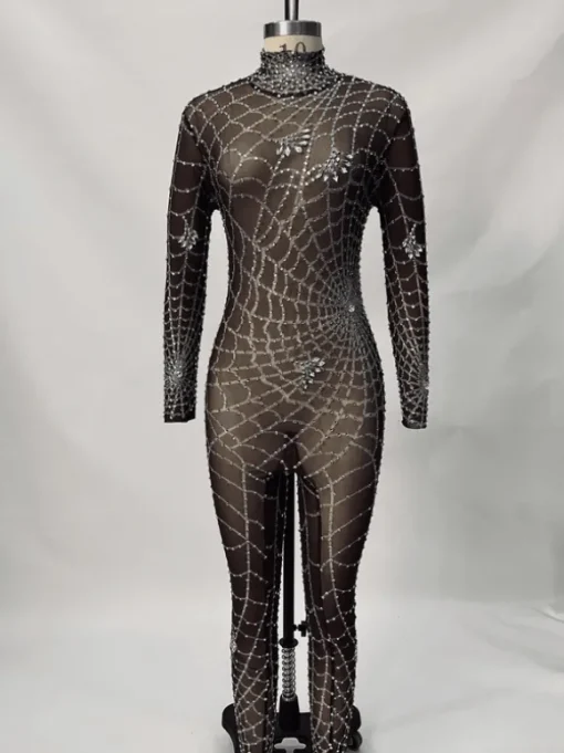 Octavia Cobweb Print Embellished Jumpsuit In Chocolate