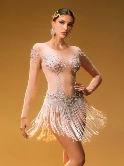Octorber Long Sleeve Crystal Fringe Bodysuit