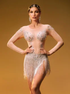 Octorber Long Sleeve Crystal Fringe Bodysuit