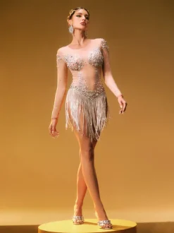 Octorber Long Sleeve Crystal Fringe Bodysuit