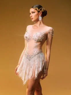 Octorber Long Sleeve Crystal Fringe Bodysuit