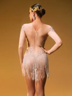 Octorber Long Sleeve Crystal Fringe Bodysuit
