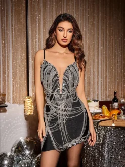 Odila Crystal Chain Embellished Bandage Dress
