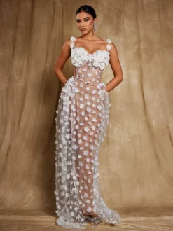 Oksana Spaghetti Flower Corset Maxi Dress In White