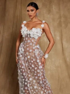 Oksana Spaghetti Flower Corset Maxi Dress In White