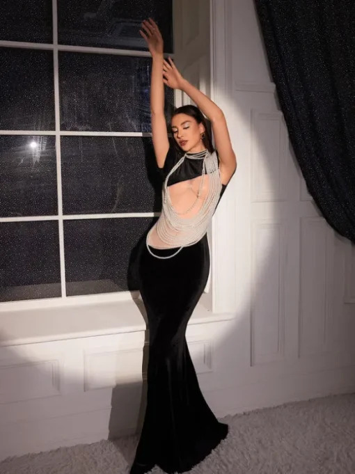 Olday Pearl Draped Cutout Velvet Dress