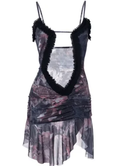 Olivier Ruched Printed Mesh Dress In Grey