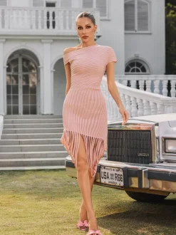 Olythia One Shoulder Fringe Midi Dress In Dusty Pink