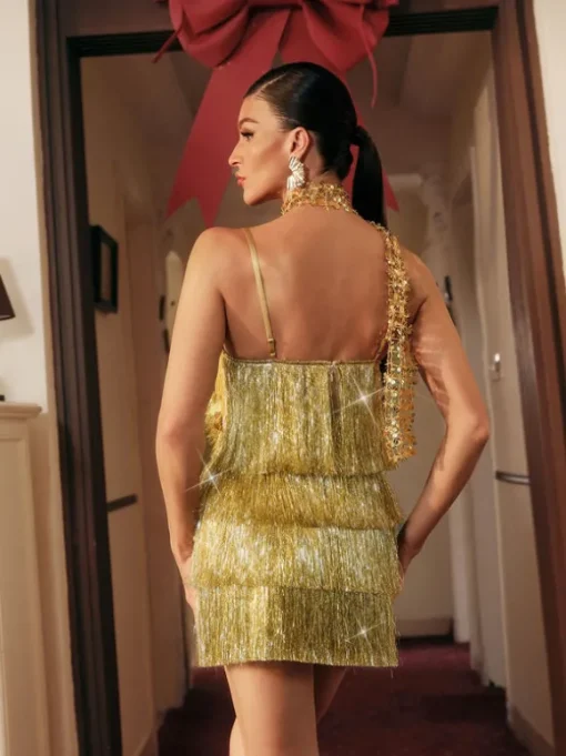 Orsolya Spaghetti Sequin Fringe Mini Dress