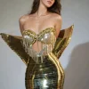Osorio Rhinestone Fringe Metallic Skirt Set