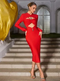Ozzie Long Sleeve Cutout Bandage Midi Dress