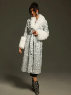 Panue Faux Fur Collar Sequin Coat