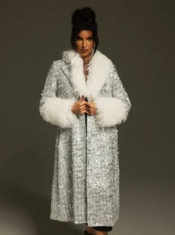 Panue Faux Fur Collar Sequin Coat