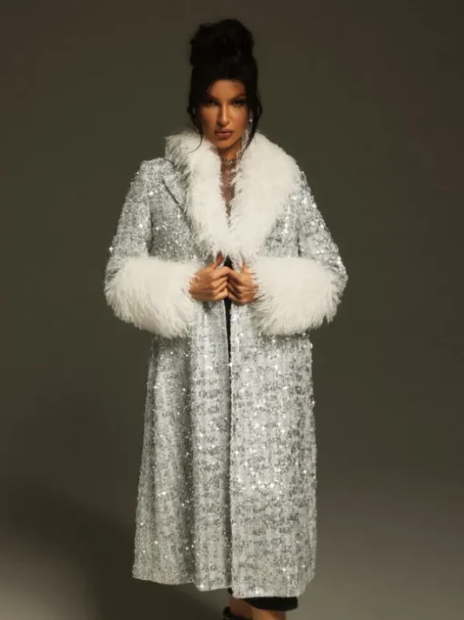 Panue Faux Fur Collar Sequin Coat