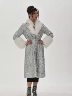 Panue Faux Fur Collar Sequin Coat