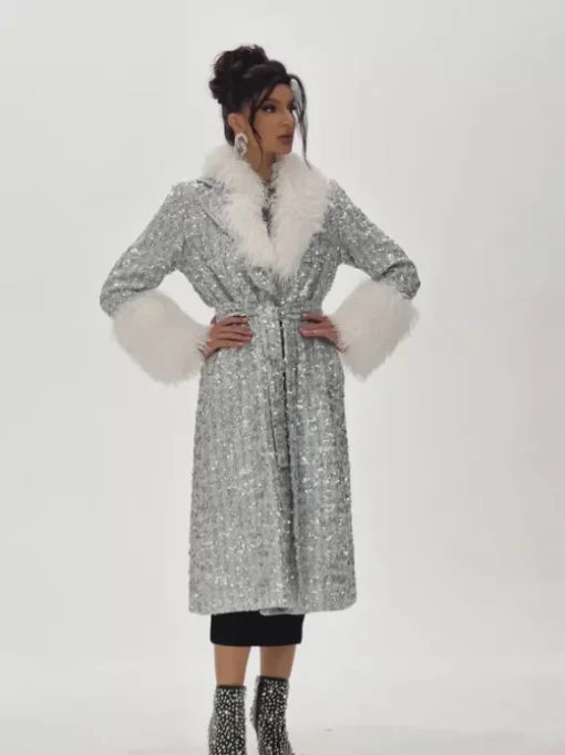 Panue Faux Fur Collar Sequin Coat