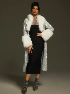 Panue Faux Fur Collar Sequin Coat